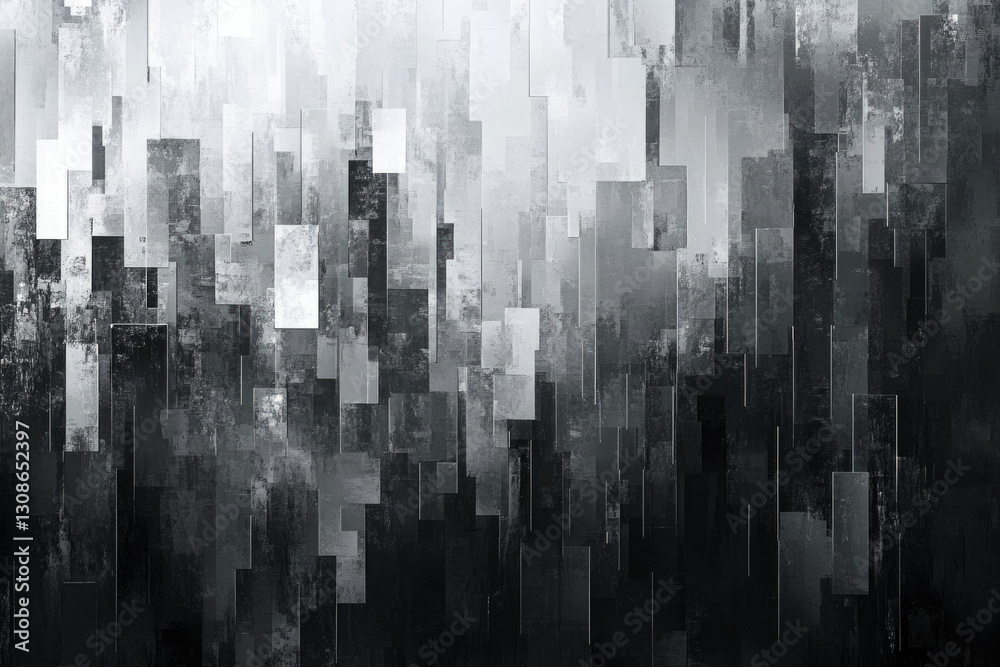 Poster Abstract grayscale cityscape depicted with textured rectangular blocks, creating a modern, urban feel.