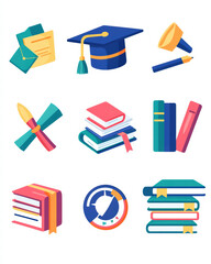 Knowledge and Learning: An array of vibrant educational symbols, including books, a graduation cap, and stationery, are artfully arranged, suggesting academic pursuit and intellectual development.