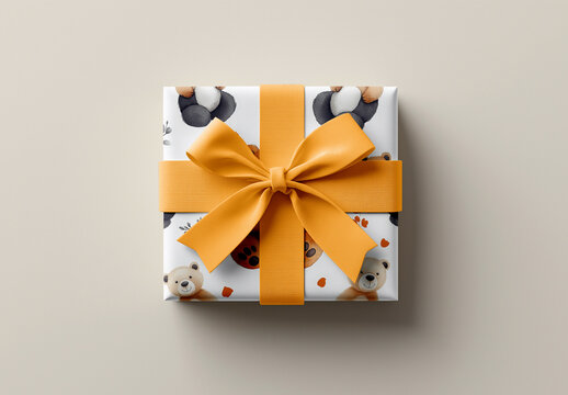 Gift Box Mockup with Bow &ndash; Realistic Square Package for Baby Shower, Birthday or Holiday Wrapping Presentation