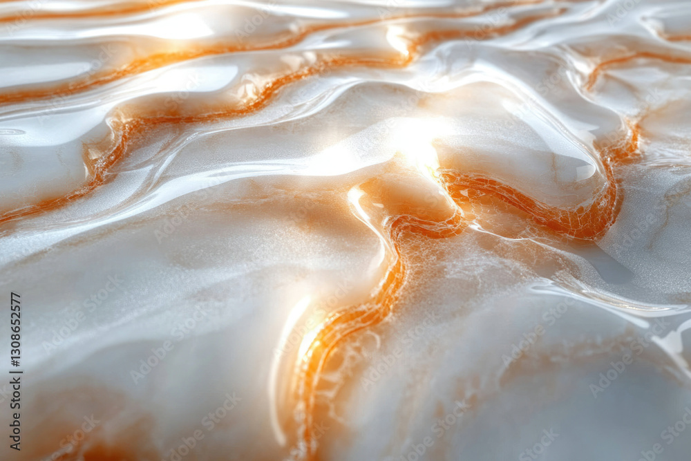 Poster abstract image of flowing, glossy white and orange liquid with a wavy texture, illuminated from abov