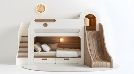 Playful Haven: A modern and innovative bunk bed, designed to ignite a child's imagination. Featuring a slide, stairs, and cozy sleeping spaces.