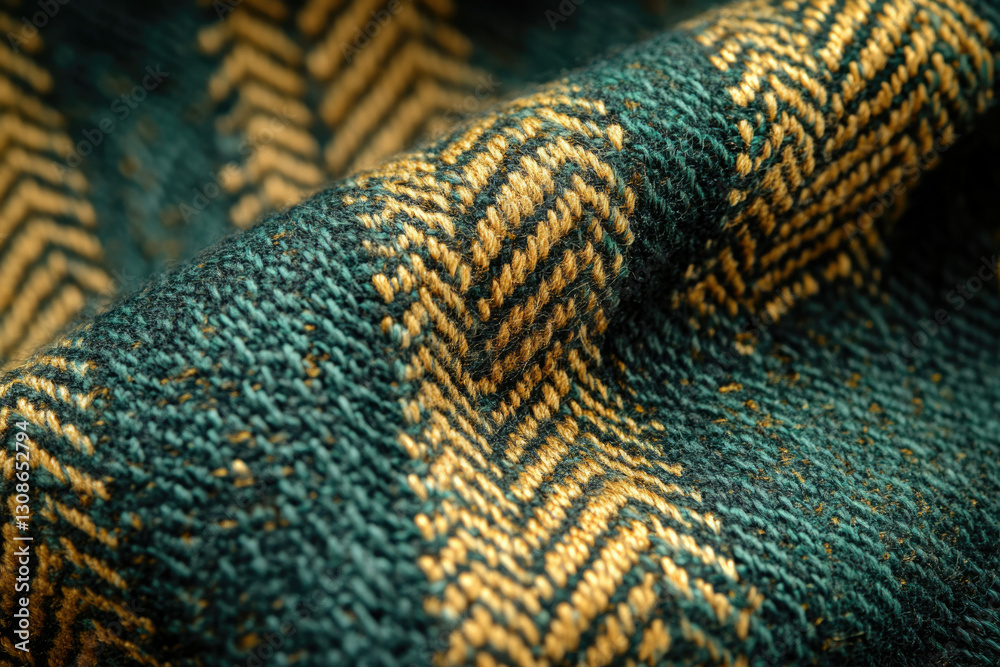 Poster close-up of textured fabric with a dark green and gold herringbone pattern.