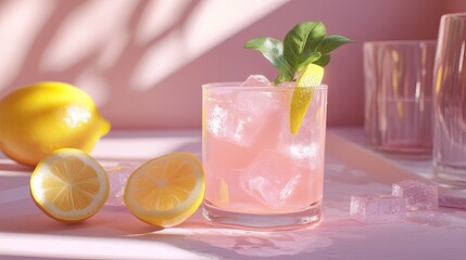 Fototapeta premium A Refreshing Pink Lemonade in a Textured Glass: A Summer Moment with Sunlit Lemons and Ice