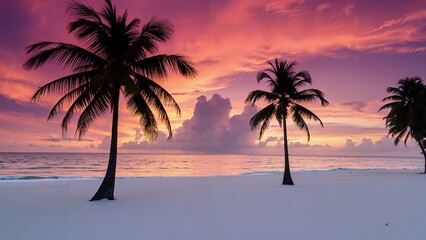 Sunset on a white sand beach with palm trees during a tropical romantic seaside holiday