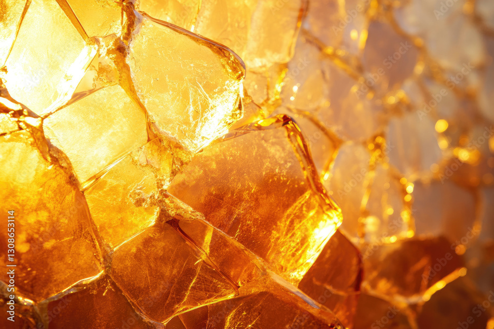 Poster close-up of amber-colored crystalline structures, illuminated by warm light, showcasing intricate fa