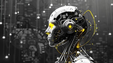 Fototapeta premium Explore this striking visual of a futuristic artificial intelligence head, showcasing intricate circuitry and network connections against a digital backdrop.