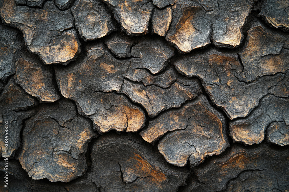 Poster charred tree bark texture, dark and cracked, showing intricate patterns and deep fissures.