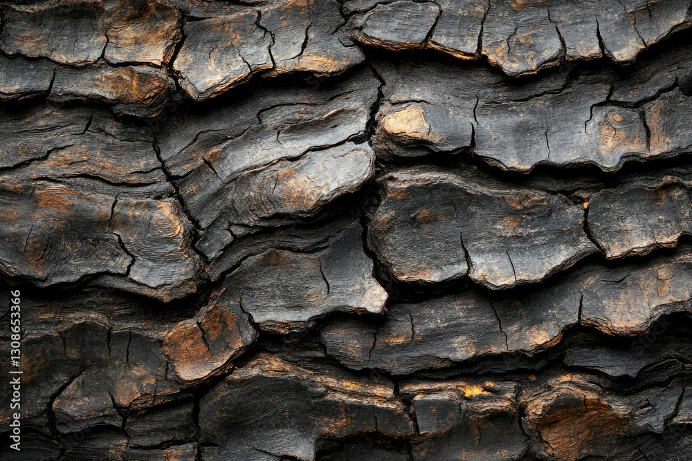 Poster close-up of dark, textured tree bark with deep cracks and crevices, showing layers of age and weathe