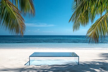 Glass table on tropical beach, ocean view.