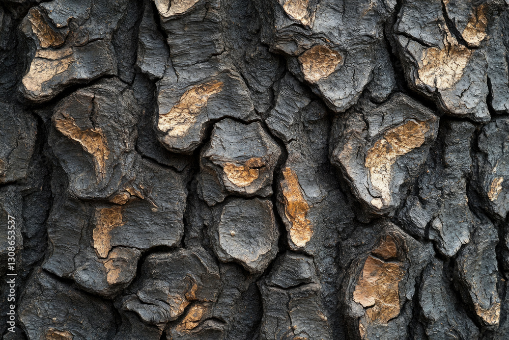 Poster close-up of dark, textured tree bark with patches of light brown, showing intricate detail and natur