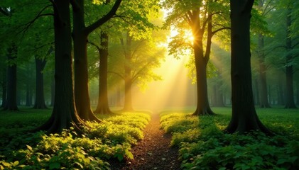 Obraz premium Golden sunlight dappling forest floor, lush green canopy, green, forest