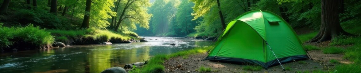 Green camping tent pitched near river in forest, outdoors, scenic