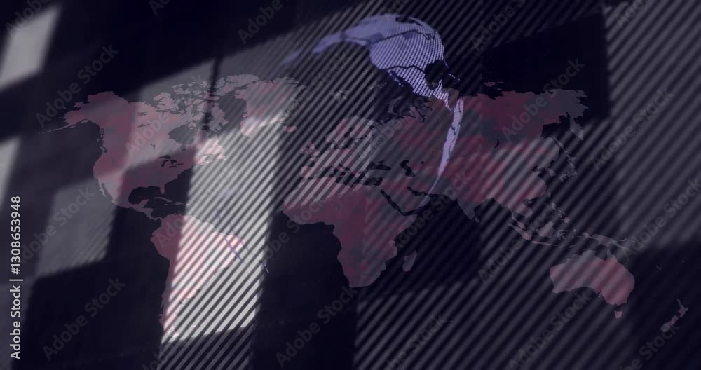 Poster rotating globe animation over world map with digital grid overlay