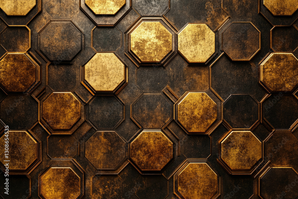 Poster A seamless pattern of dark gold octagons arranged in a honeycomb structure, creating a luxurious and textured metallic background.