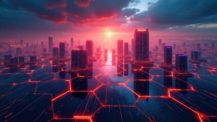 Tech-inspired hexagonal grids, Radiant cityscape on hexagonal grid windows as hexagons glowing tech machinery visible energy veins pulsing with bright 