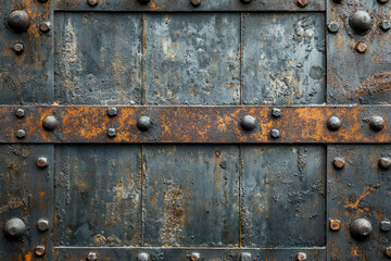 Fototapeta premium Rusty metal door with rivets and aged texture, showing signs of wear and time.