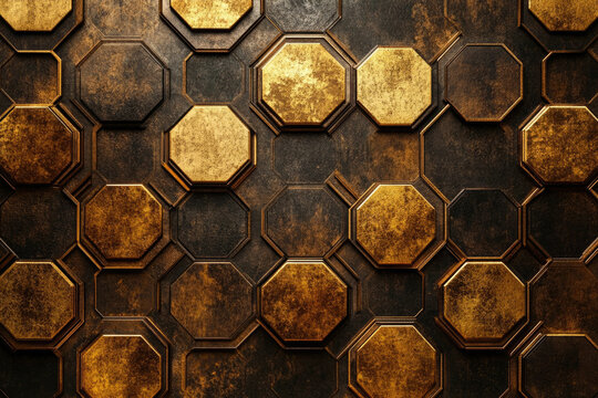 A seamless pattern of dark gold octagons arranged in a honeycomb structure, creating a luxurious and textured metallic background.