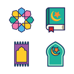 Islamic culture or religion icon and symbol set suitable for Ramadan Kareem Muslim celebration month