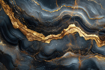 Obraz premium Abstract art featuring swirling dark gray and black marble with gold accents, creating a luxurious and elegant design.