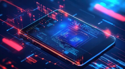 Obraz premium Abstract digital UI showing a security patch update on a mobile device, emphasizing cybersecurity and software improvements