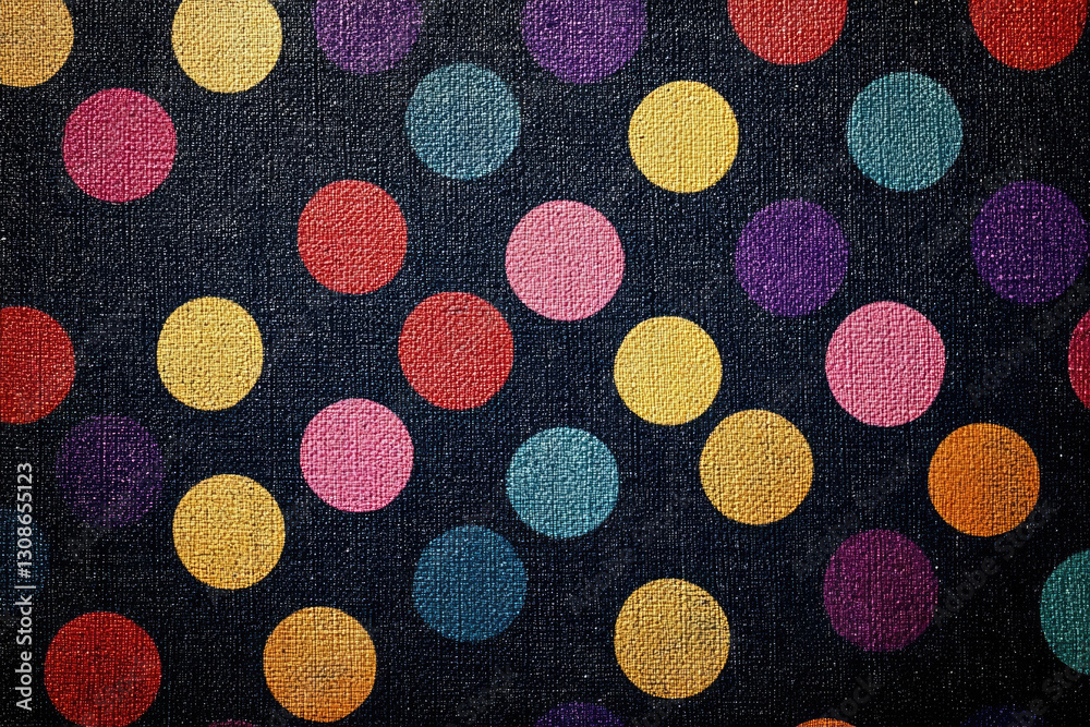 Poster a dark background with colorful polka dots of varying sizes and shades.