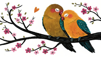 Loving parrots cuddling on a branch with blossoms