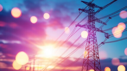 Electric powerlines over sunrise silhouetted power lines framing blurred city lights with urban bokeh landscape