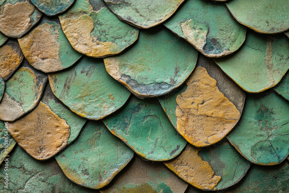 Poster Close-up of weathered, overlapping scales in teal and gold, creating a textured surface.