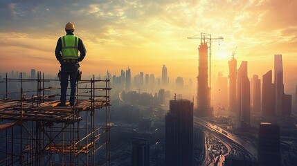 Construction Worker Standing on Scaffolding at Sunset Over City