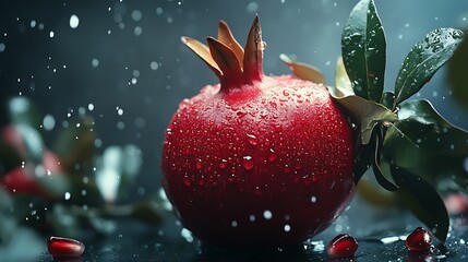 Juicy red pomegranate with water droplets.