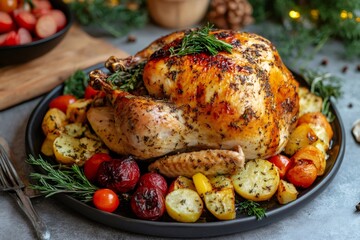 Delicious roasted turkey with potatoes, tomatoes, and herbs for christmas dinner