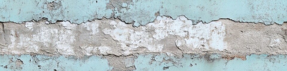 Obraz premium Seamless worn paint concrete weathered wall with peeling paint in shades of turquoise and gray. The texture shows layers of cracked and flaking paint, revealing the underlying surface.