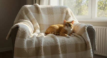 Cozy ginger cat relaxing on a soft plaid blanket in sunlit room