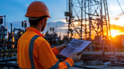 Electrical engineer checking power substation blueprints, golden sunset illuminating technical infrastructure and grid planning