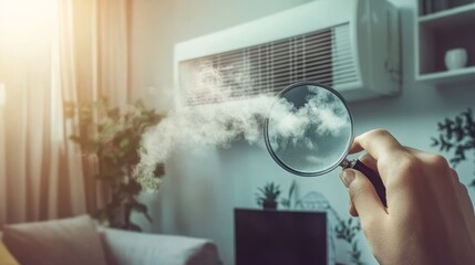 Magnifying glass view of dust and dirt inside an air conditioner, highlighting PM2.5 pollution. Poor air quality affects health, causing respiratory issues, allergies, and asthma.