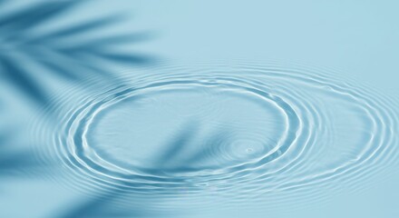 Calm water ripple with palm leaf shadow on light blue surface