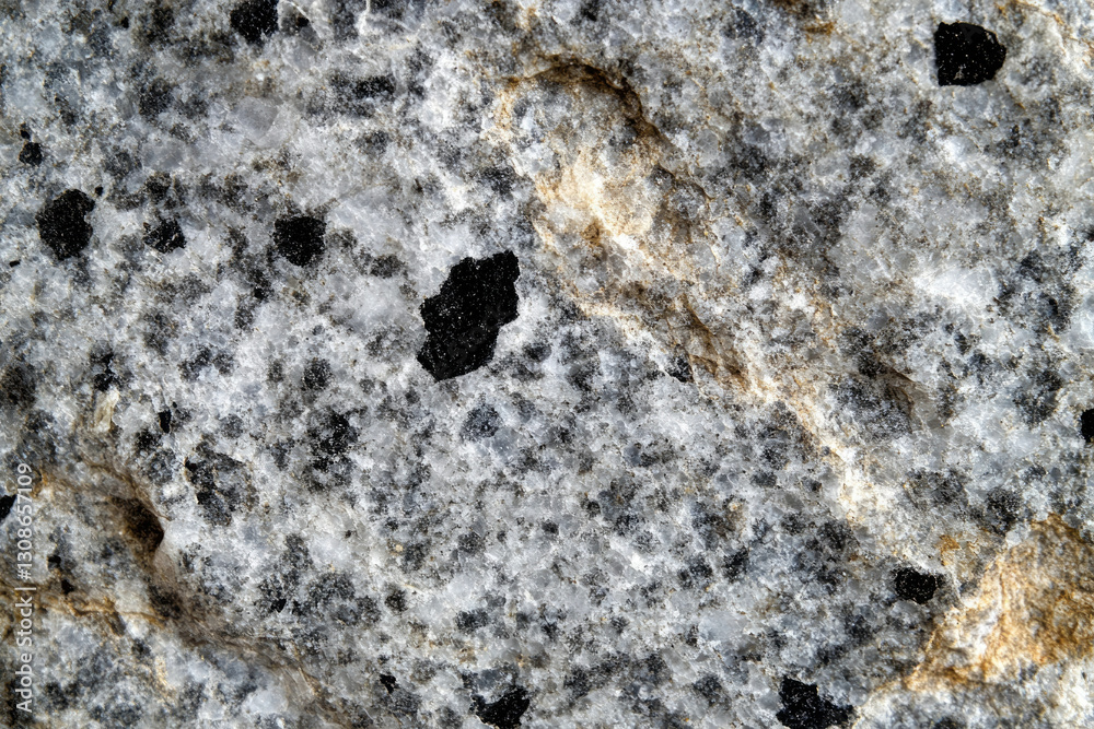 Poster close-up of a rough, textured rock surface with dark and light gray tones and irregular holes.