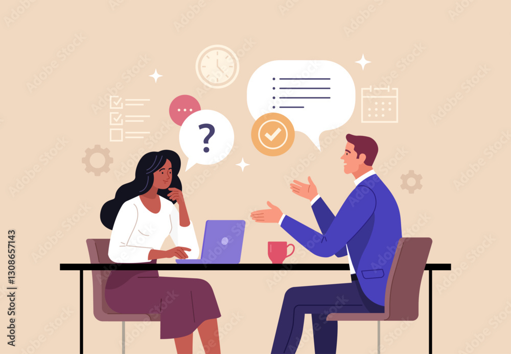 Poster business job interview concept. vector cartoon illustration of a young woman asking questions and a 