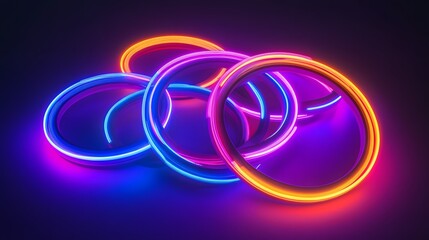 Glowing neon rings forming an abstract arrangement against darkness