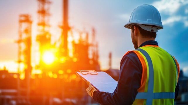 Electrical engineer working checking power substation blueprints, golden sunset illuminating technical infrastructure and grid planning transformer on pole electric