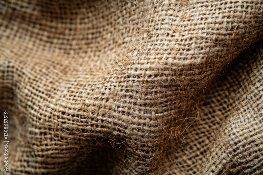 Poster close-up view of textured burlap fabric, showcasing its coarse woven fibers and rustic appeal.