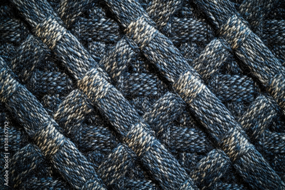 Poster Close-up of a textured knitted fabric with a complex interwoven pattern of dark blue and light gray yarns.