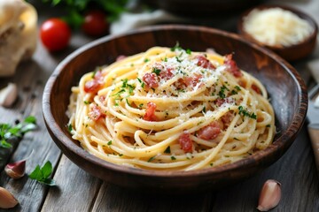 Fototapeta premium Delicious pasta carbonara with bacon and grated cheese sprinkled with parsley
