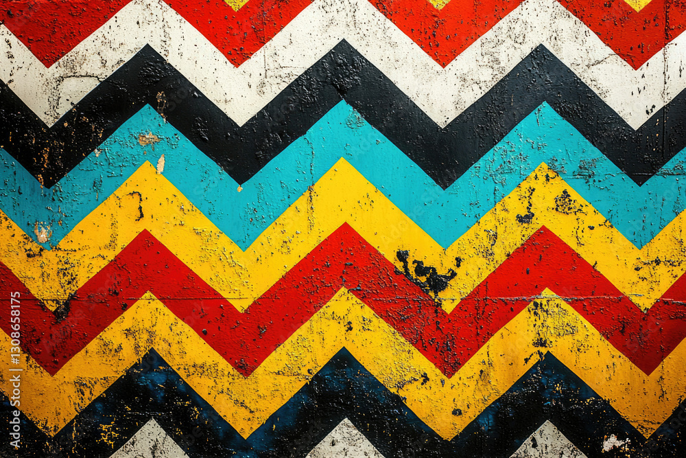 Poster vibrant chevron pattern painted on a weathered concrete wall, showcasing bold colors and a distresse