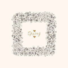 Square frame of lilac flowers. Vintage botanical illustration. Vector graphics. Black and white.