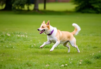 cute dog running in summer park