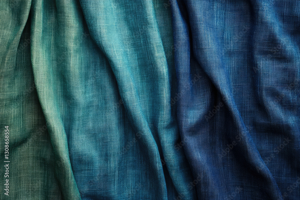 Poster textured fabric in shades of teal and blue, showing gradient effect and draped folds.