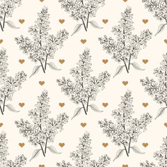Seamless pattern with spring flowers. Blooming lilac. Engraving style. Black and white.