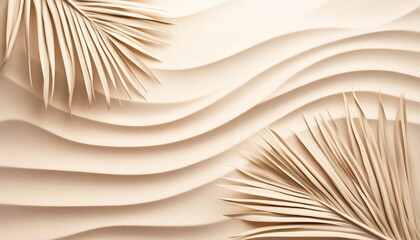 Beige wavy background with dried palm leaves.