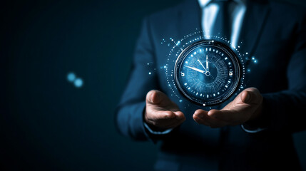Business professional holding a sleek compass-like clock